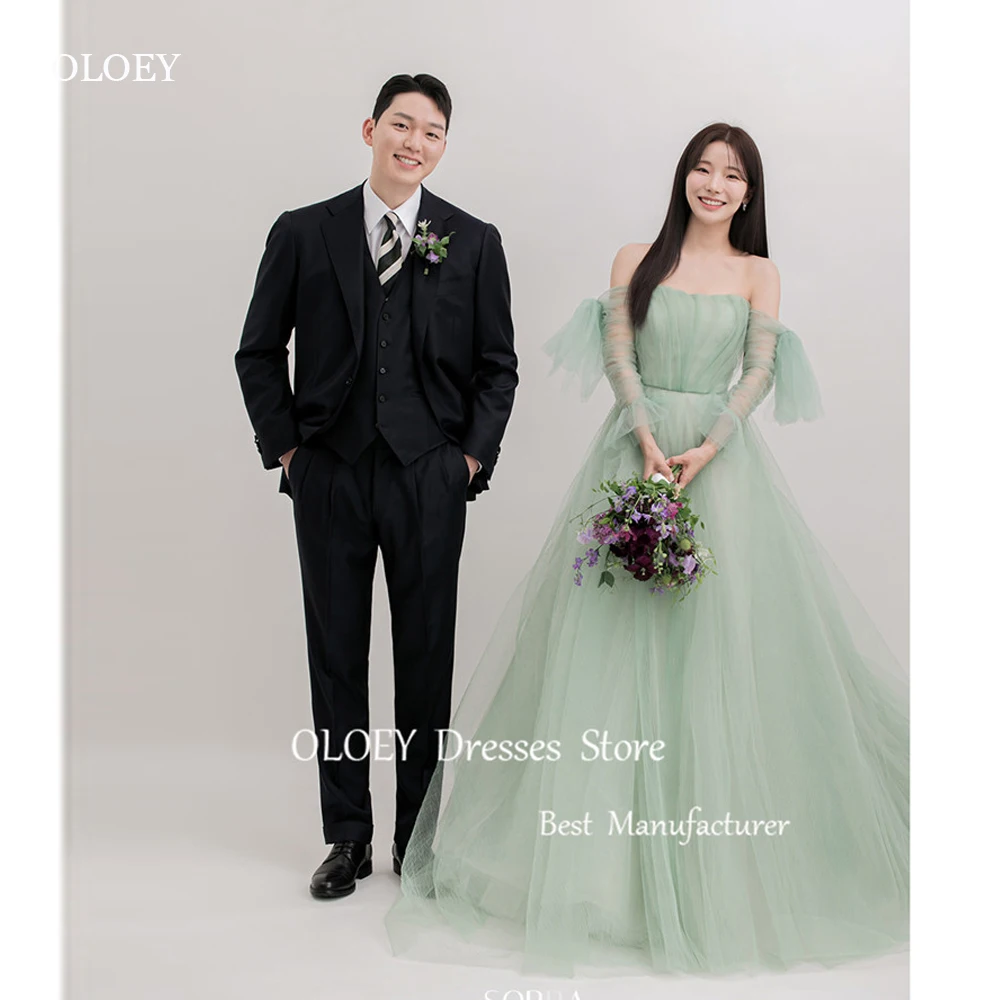 

OLOEY Fairy Sage Green Tulle Evening Dresses Korea Wedding Photoshoot Strapless Long Sleeves Corset Back Bridal Gowns