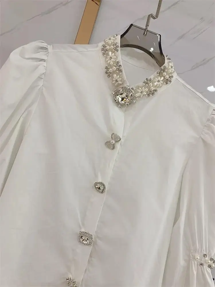 Luxury Heavy Sparking Diamonds Beaded Stitch Mid-Length Cotton Shirts and Blouses For Women 2024 New In Long Sleeve Top Blusas