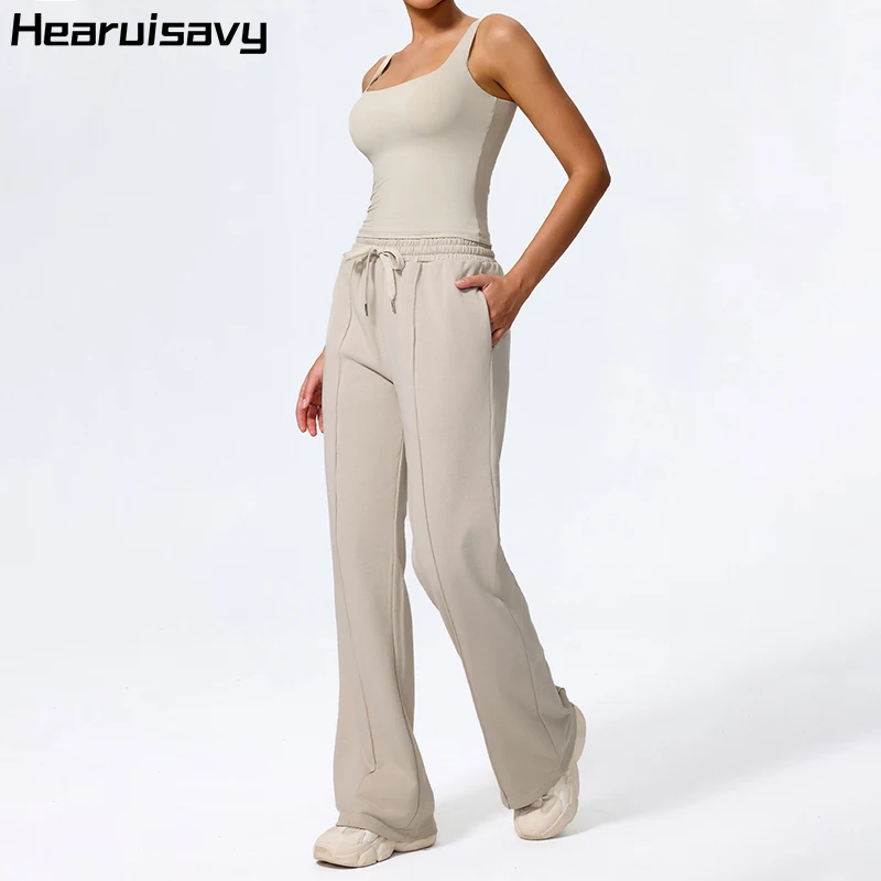 

Hearuisavy 2 шт. женские прямые спортивные штаны комплект повседневные уличные беговые тренировки жилет для йоги с карманами на шнурке спортивные штаны женские