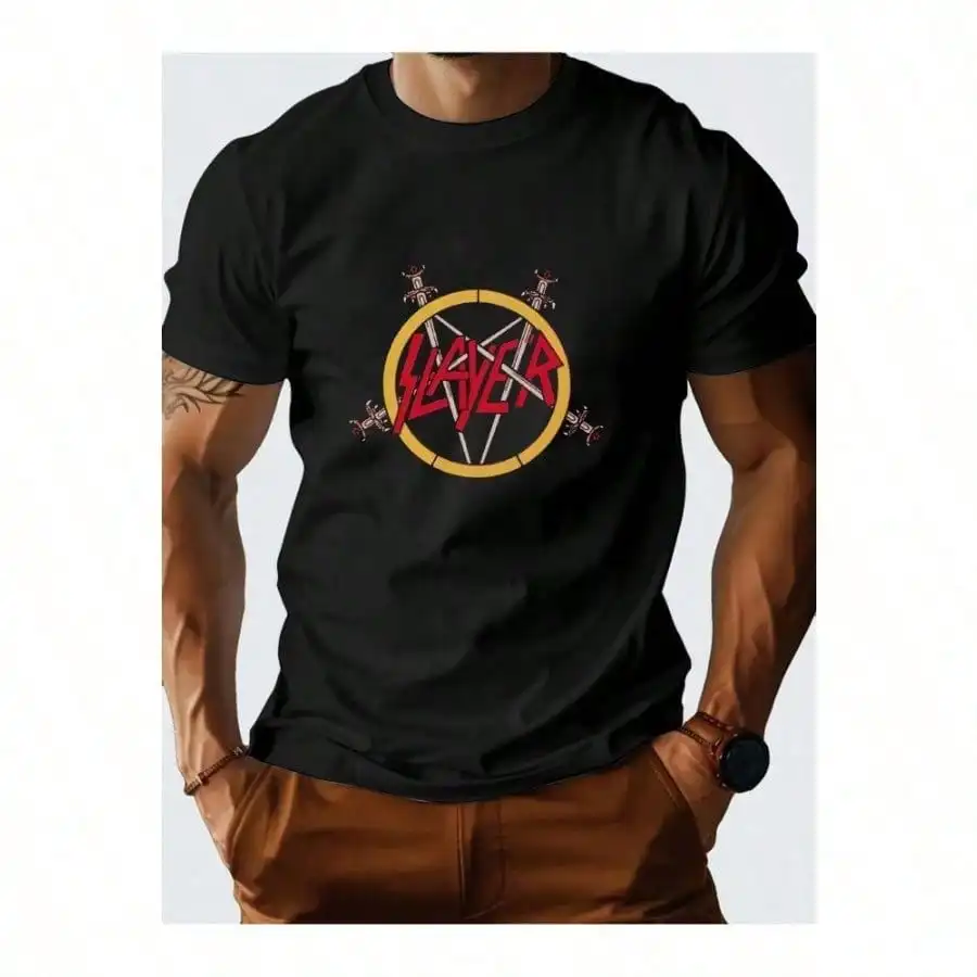 เสื้อยืดกราฟิก Men's Slayer Band - ผ้าฝ้าย 100% คอกลมลําลอง แขนสั้น สีดํากับสีเหลือง