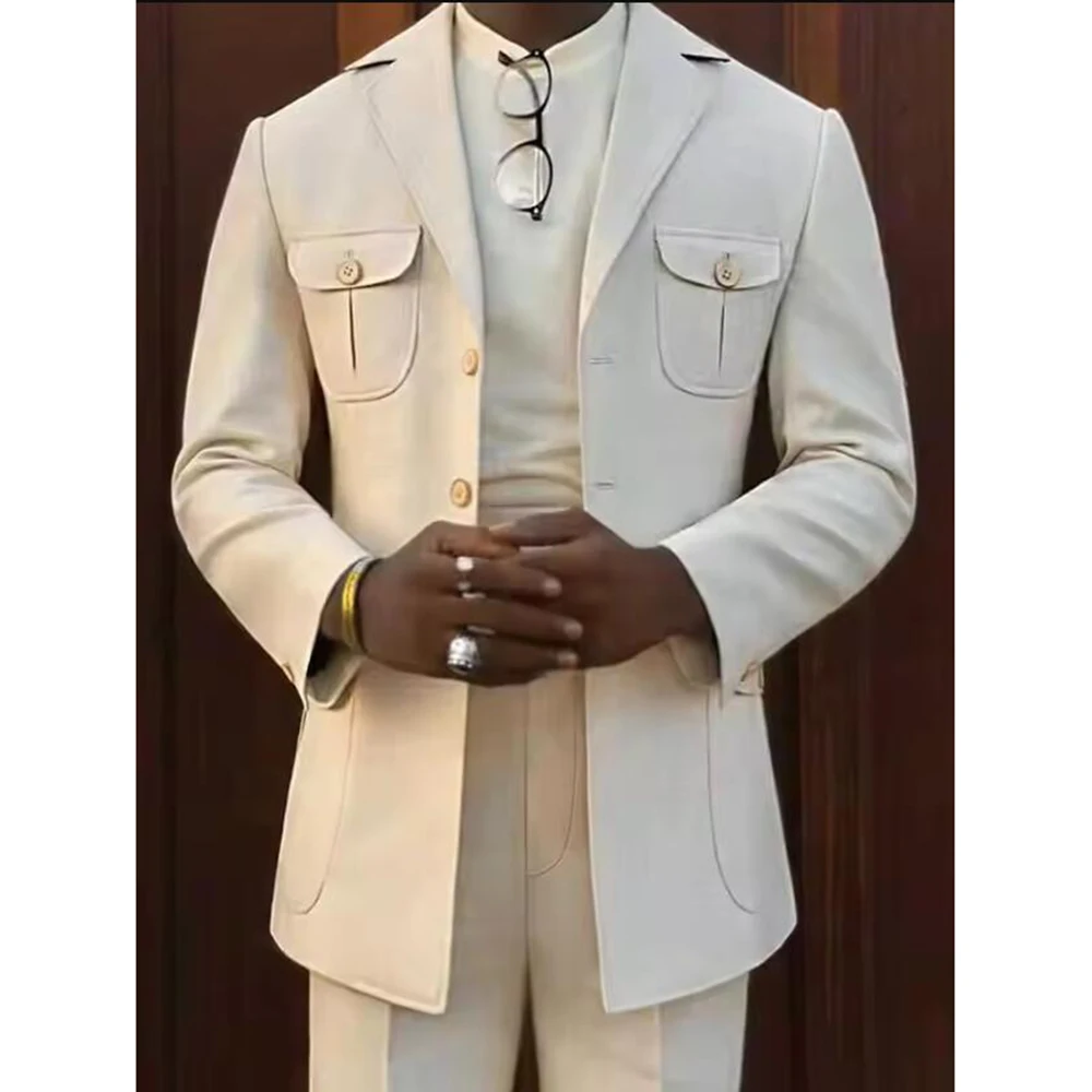 Elegant Solid Men's Suit Set Safari Style Jacket Pants 2 Piece Sets Groom Formal Wear Wedding Tuxedo Customized Male Clothing