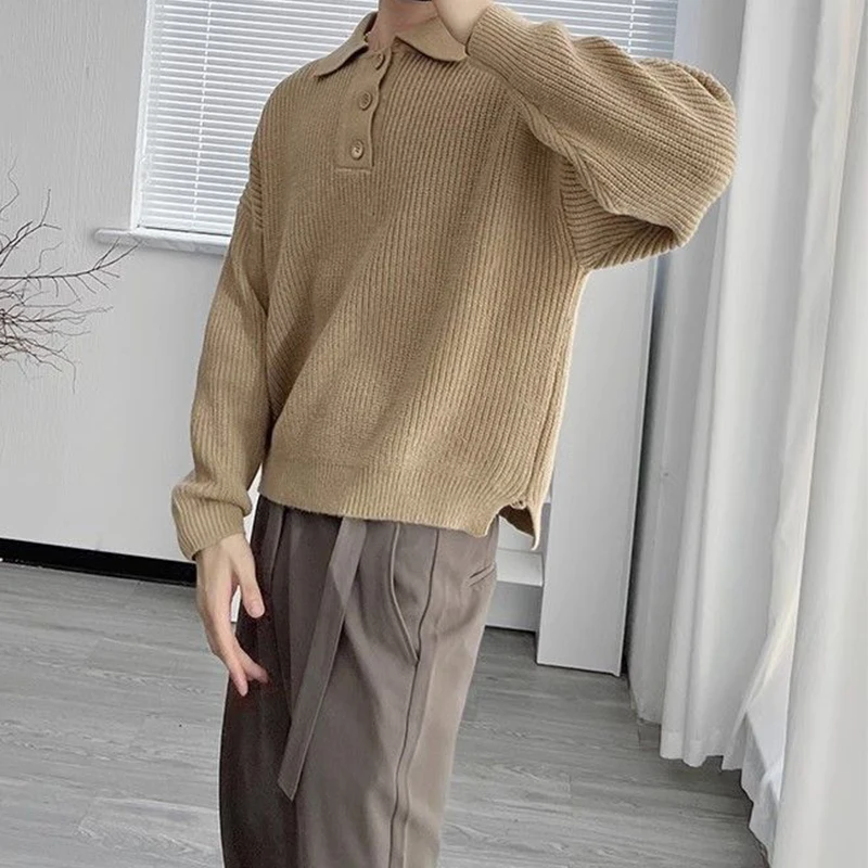 Vintage Polo Collar Sweaters Men Autumn Long Sleeve Button Lapel Knitted Jumper Tops Mens Winter Outdoor Fashion Knit Pullovers