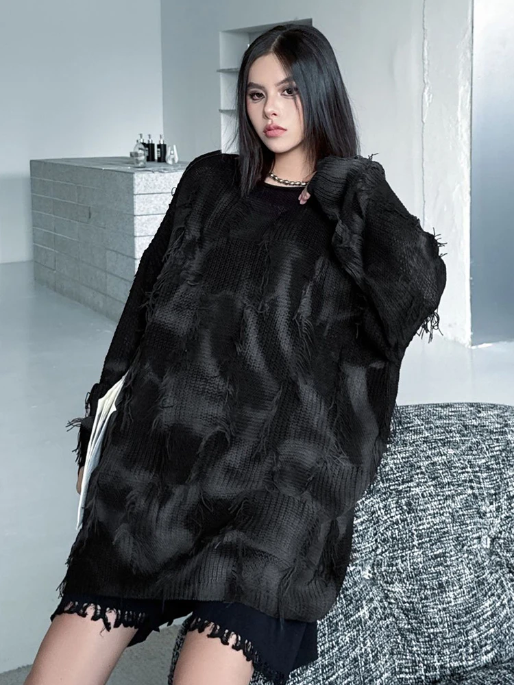 YERMORA Black Tie-Dye Irregular Burr Casual Pullover For Women O-Neck Long Sleeve Loose New Sweater Fashion Autumn Winter 2025