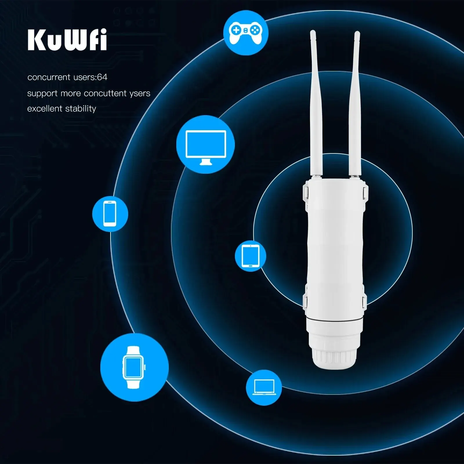 KuWFi 4G Zewnętrzny router WIFI 300 Mb/s Wodoodporny router kart SIM 4G Szeroki zakres Bezprzewodowy punkt hottowy internetowy Obsługa Wi-Fi 64 użytkowników