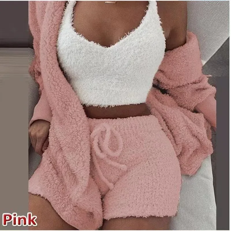 Autumn Winter 3 Piece Fluffy Outfits Plush Sexy Backless Fleece Pyjamas Women Casual Sports Sweatshirt Home Wear Sets Tracksuit