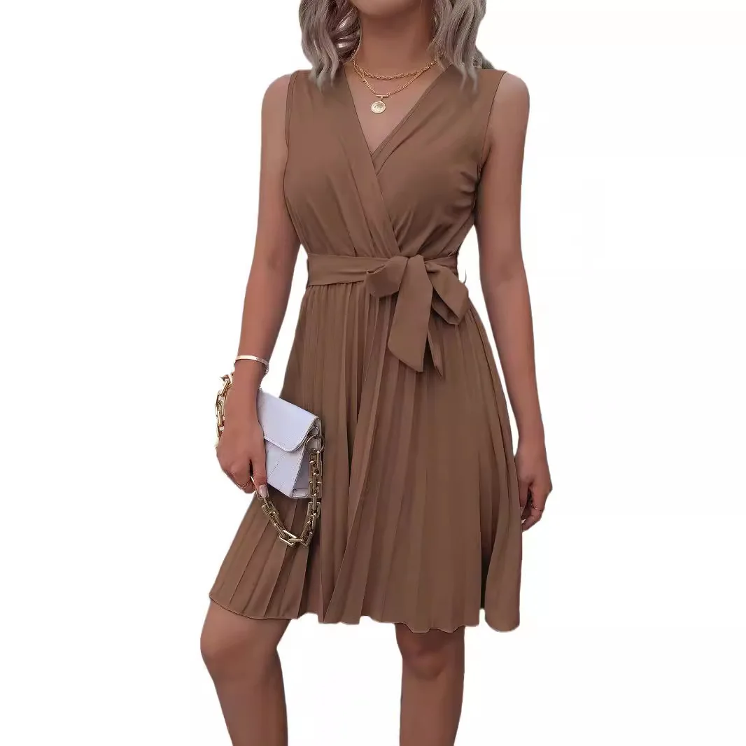 Mode Geplooide Elegante Lace-up Damesjurken Zomer Casual Mouwloos V-hals Cross-party Vrouwelijke Eendelige Korte Rok 2025