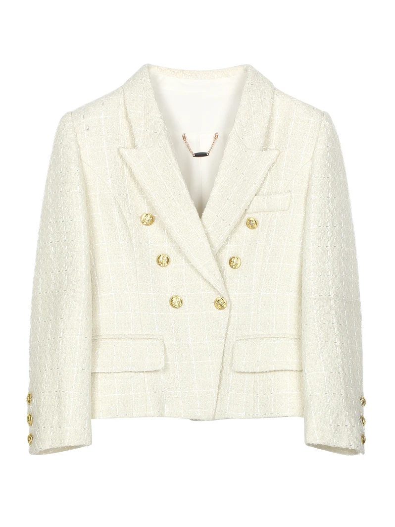 

Elegant White Tweed Blazer for Women Luxury Lapel Double Breasted Gold Buttons Plaid Texture Short Coat 25111