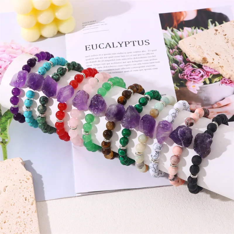 

10pcs 8mm Colorful Stone Beaded Strand Bracelet Amethyst Druze Charms Bangle for Women Men Lover Jewelry