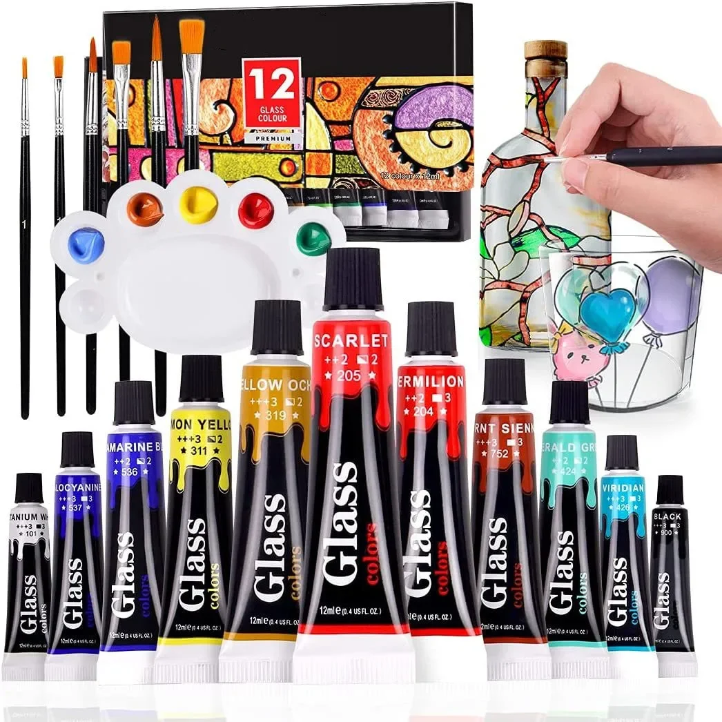 conjunto de tinta de vidro para criancas kit de pintura acrilica impermeavel escovas de nylon paleta iniciantes estudantes 24 cores 12ml 01