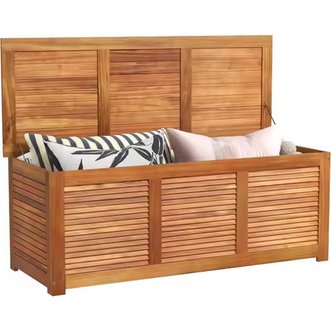 Deck Box Acacia Wood - 46 Gallon Backyard Storage Bin Container for Patio Furniture Cushions, Pillows, Garden Tools,