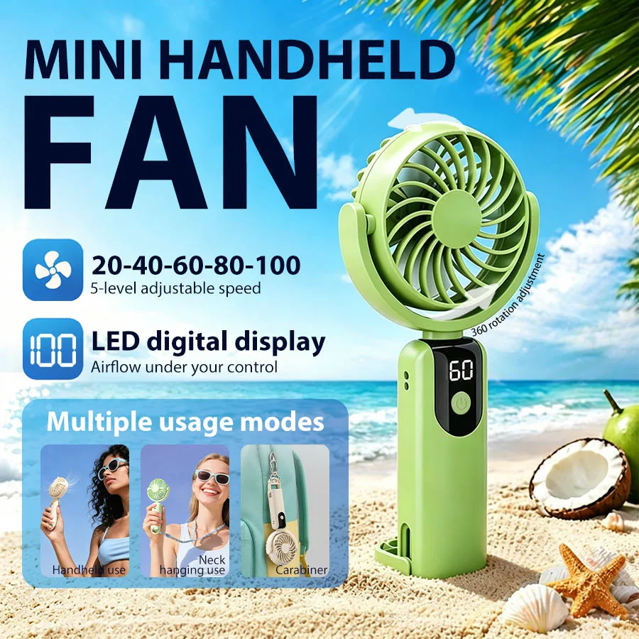 5 Speed Portable Fan, LED Display, 360° Adjustable Airflow, 3-in-1 Neck/Desktop/Handheld, Carabiner Clip, Quiet Powerful USB Fan