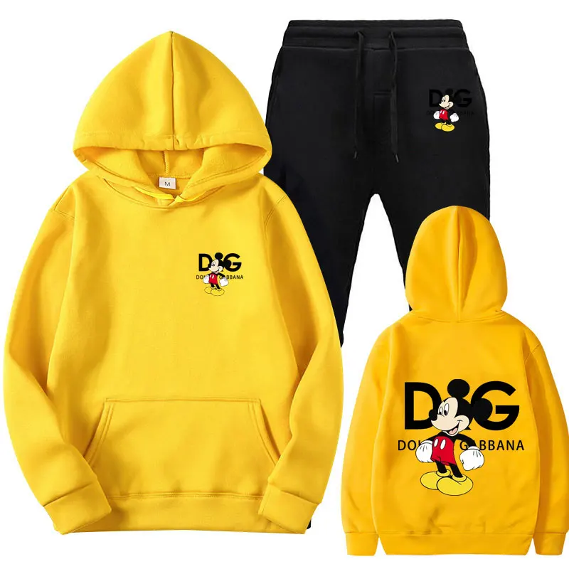 Disney\'s latest brand cotton printed spring and autumn men\'s and women\'s sports sweater hooded set anime men\'s and women\'s set