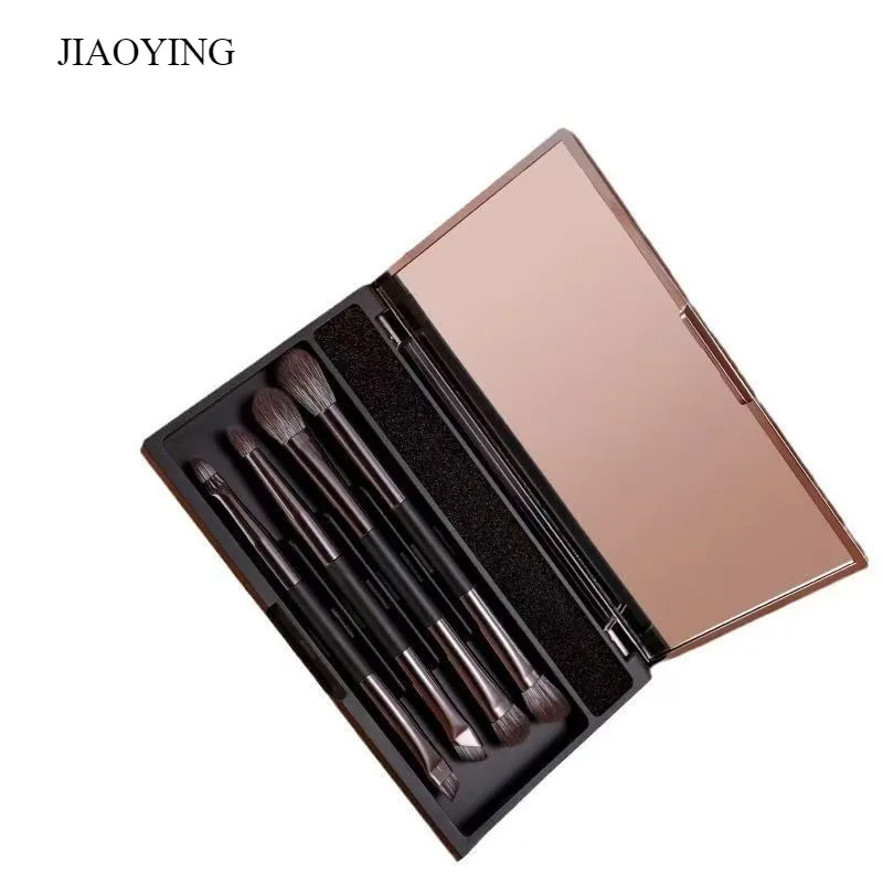 Double Head Makeup Brush with Mirror Mirror Case Eyeshadow Brush Knife Edge Brush Angular Brush Portable Brush Mini Set