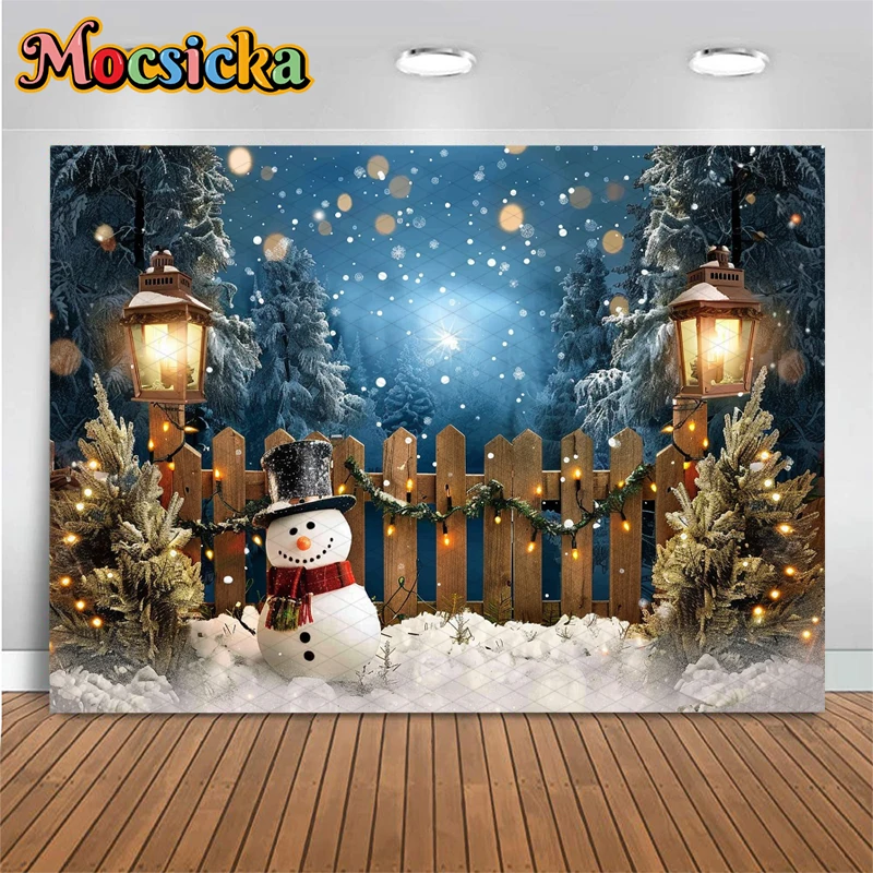 Mocsicka Christmas Snowman Backdrop Lantern Wooden Fence Snow Tree Winter Night Photography Background Photo Studio Props Decors