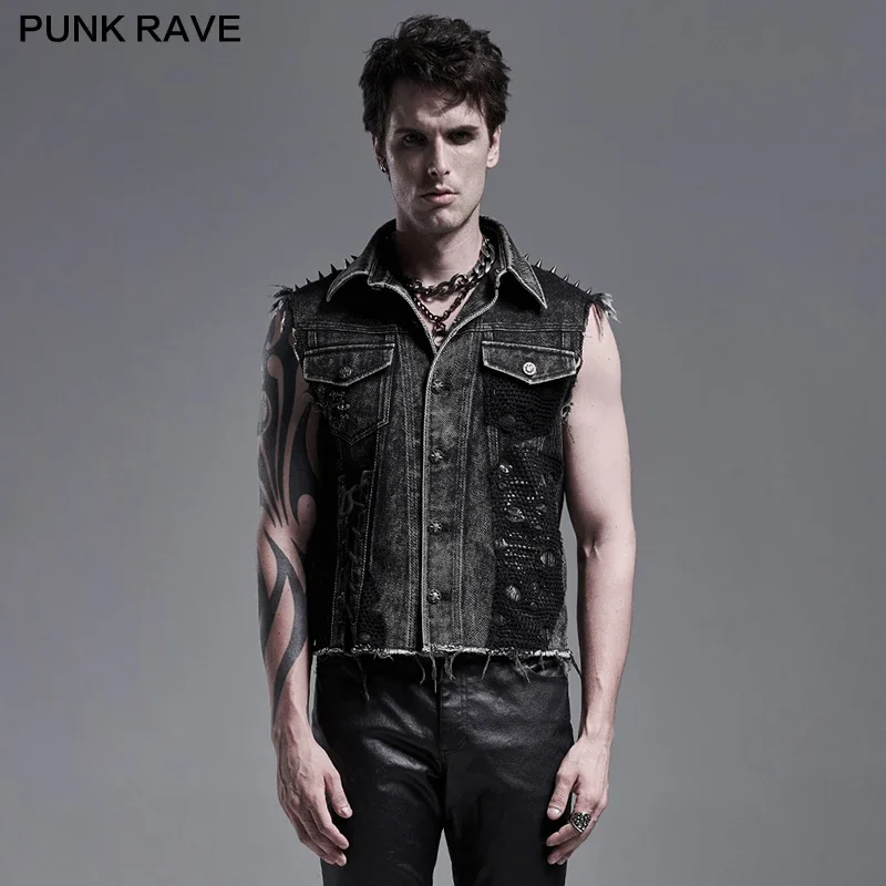 PUNK RAVE Men's Punk Daily Wear Decadent Broken Vest Distressed Turn Collar Casual Denim Waistcoat Streetwear