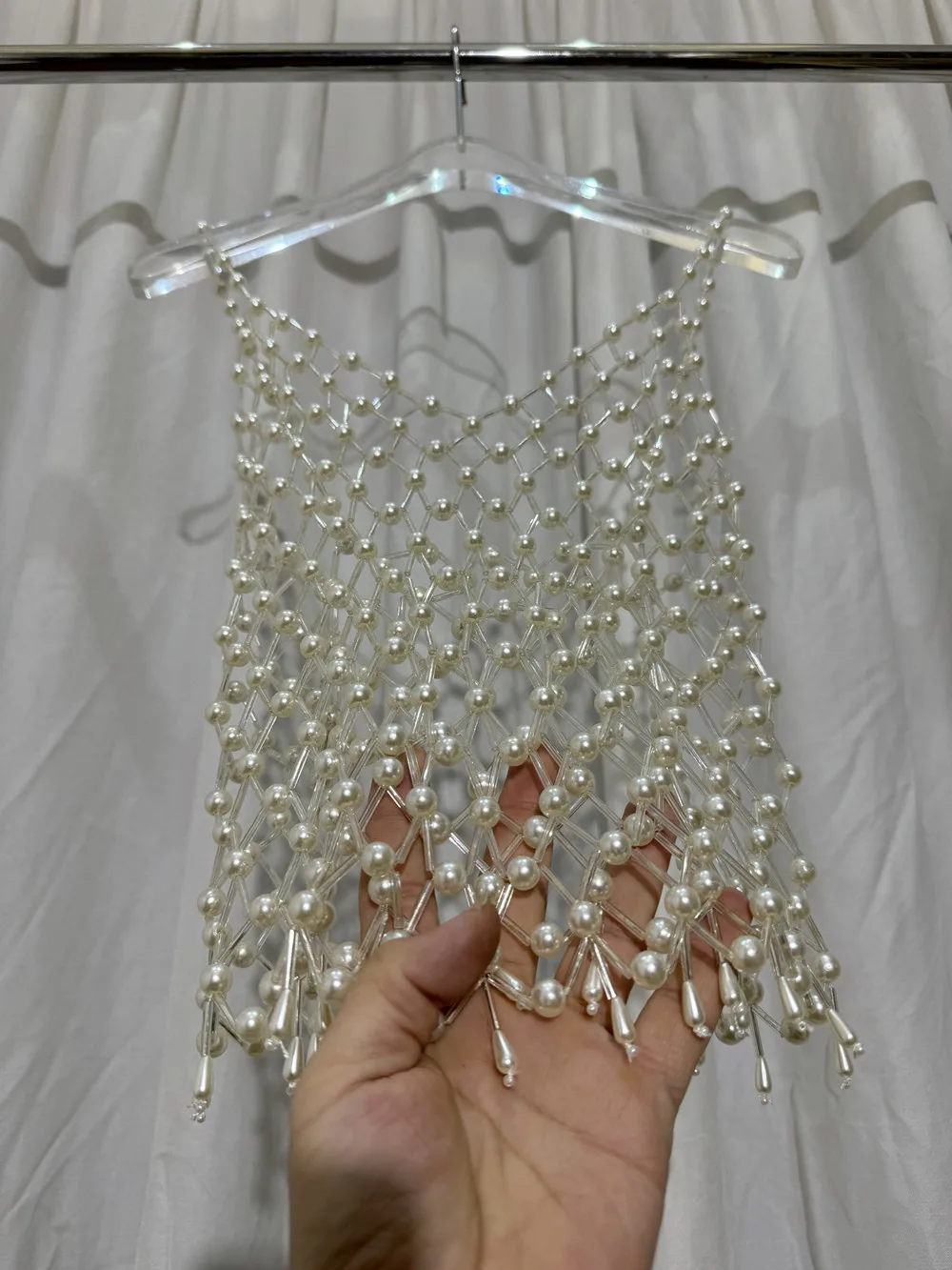 2025 New Sexy Women Handmade See Through Crystal Pearl Top Outfit Bustier Vest Body Chain Camisole Bugle Bead Beachwear Tank Top