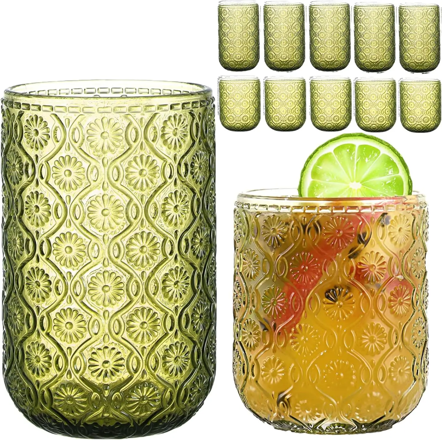 

Green Drinking Glasses Set of 12, 12 Oz Highball & 10 Oz Cocktail Glasses, Vintage Floral Embossed Tumbler Cups for Water, Beer