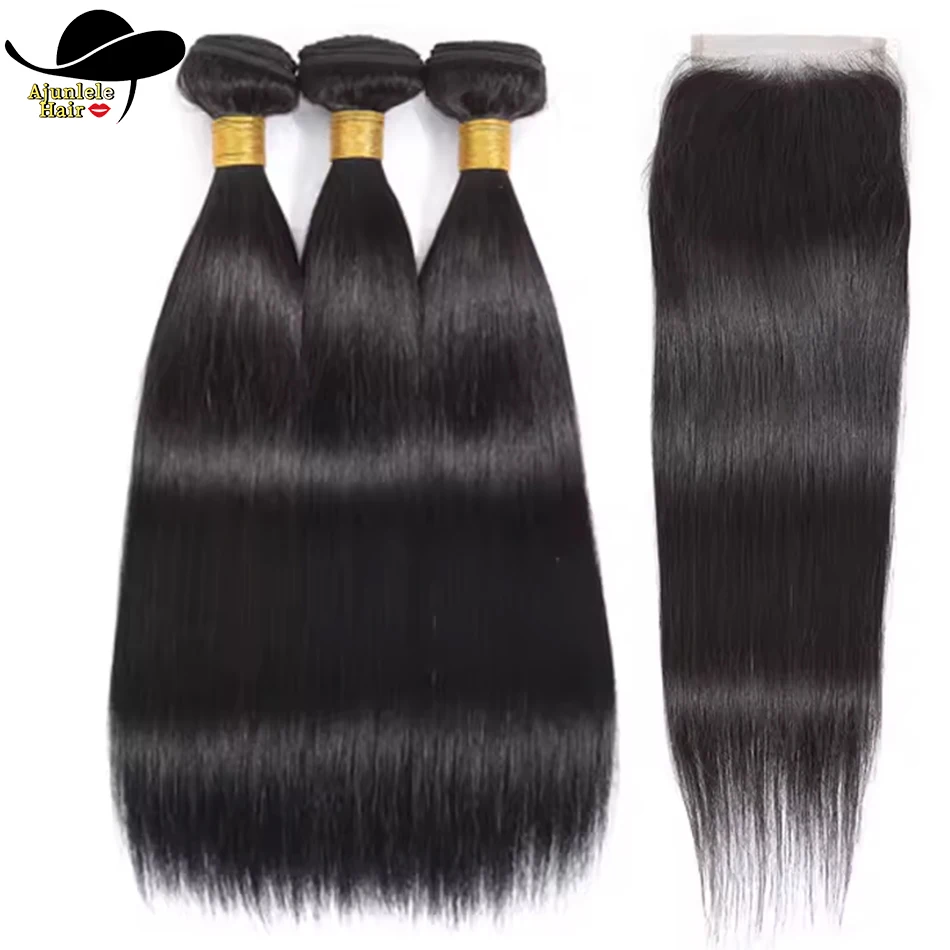 Прямые пучки человеческих волос с свободной частью 4x4 HD 4x4 Кружевная застежка 12A Перуанские необработанные пучки волос с застежками для чернокожих женщин