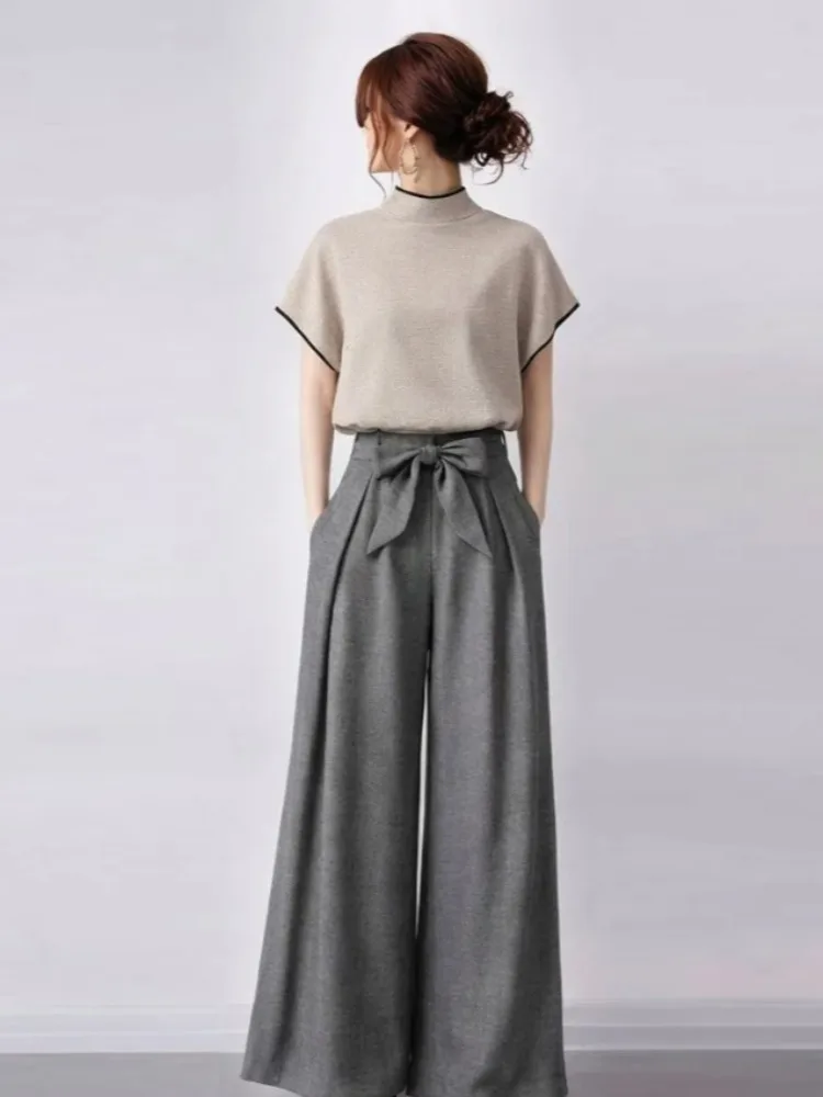 

Fashionable Summer Women's Knitted Top And Wide Leg Pants Set with Bow Tie Half High Collar Short Sleeve Casual Style Polyest...