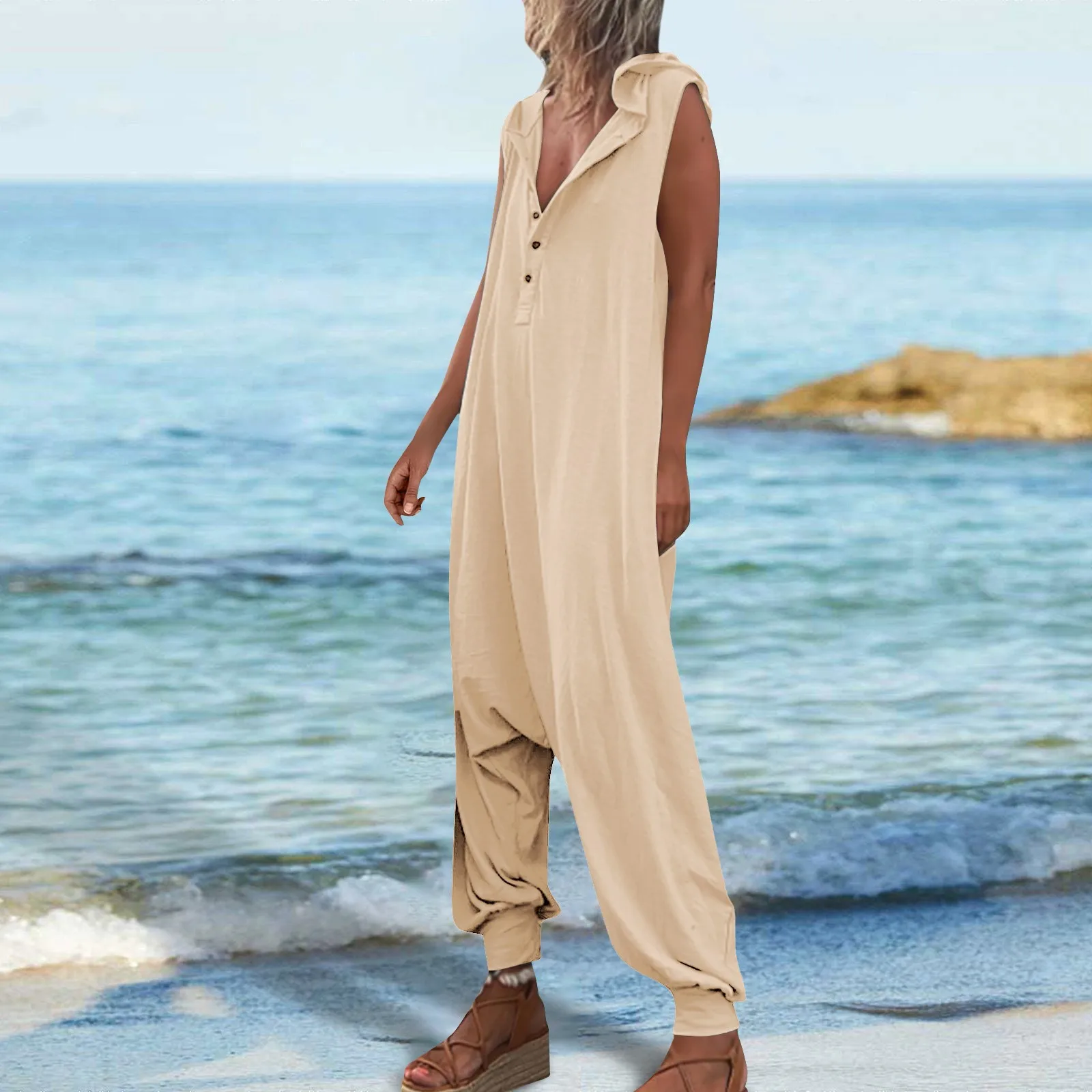 

Women's Overalls Casual Loose Sleeveless Hooded Bib Cuffed Jumpsuit With Pocket Beach Vacation Soft Comfy Solid Stylish Jumpsuit