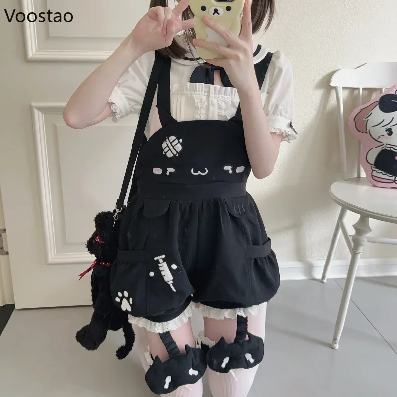 Y2k Lolita Style Overalls Shorts Set Women Sweet Sailor Collar White Shirt Cartoon Cat Rompers Suit Blouse Shorts 2 Piece Set