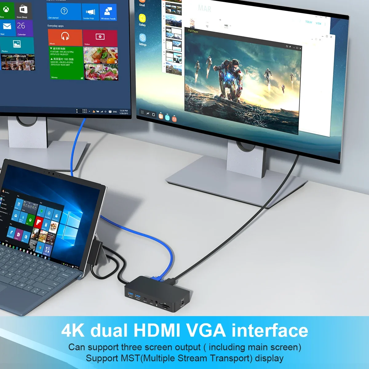 شاشة ثلاثية محمولة 12 في 1 2 HDMI 4K VGA محطة إرساء سطحية قاعدة سطحية لأجهزة الكمبيوتر المحمول Surface Book Go/5/4/3/2/1 #3