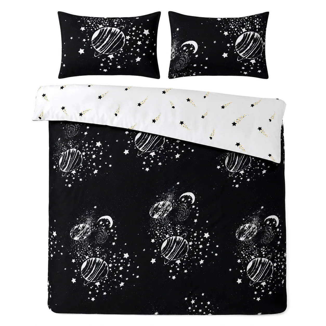 Ensemble de housse de couette 3 pièces noir et blanc avec motif galaxie, planète, lune et étoile, linge de lit imprimé espace, comprend une housse de couette 160×200 cm et deux taies d'oreiller 70×80 cm, couette non incluse