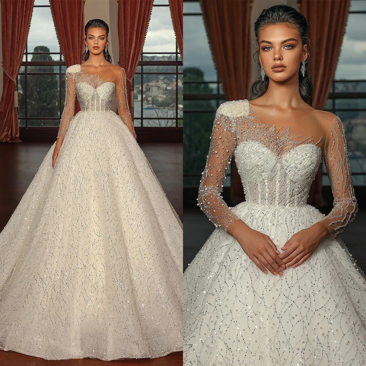 

Modern A-Line Wedding Dresses 3D Shine Lace Wedding Gown Beads Crystal Bridal Gown Custom Made Brush Train Robes De Mariée