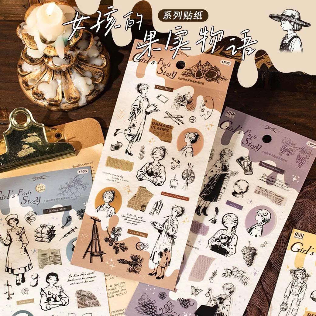 

6pcs Set+Tweezers Cartoon Character PET Stickers Girl's Fruit Story Planner Phone Case Storage Book Decoration（Sticker Spark）