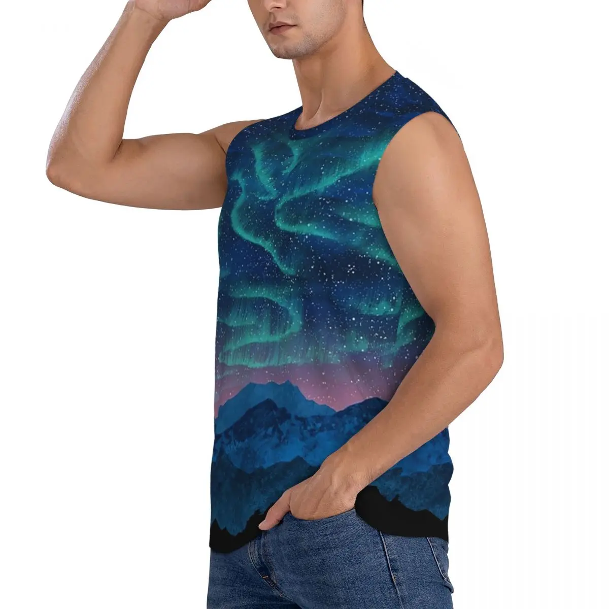 Aurora Borealis Over Mountain Men Sleeveless Tank Tops Quick Dry Breathable Gym Fitness Running Summer Casual Sport Vest