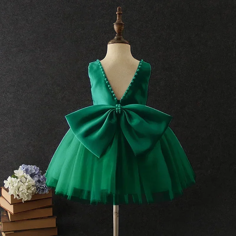 Backless Pearls Bow Baby Dresses for  Girls Birthday Party Wear Wedding Flower Green Dress Toddler Kids Christmas New Year Dress