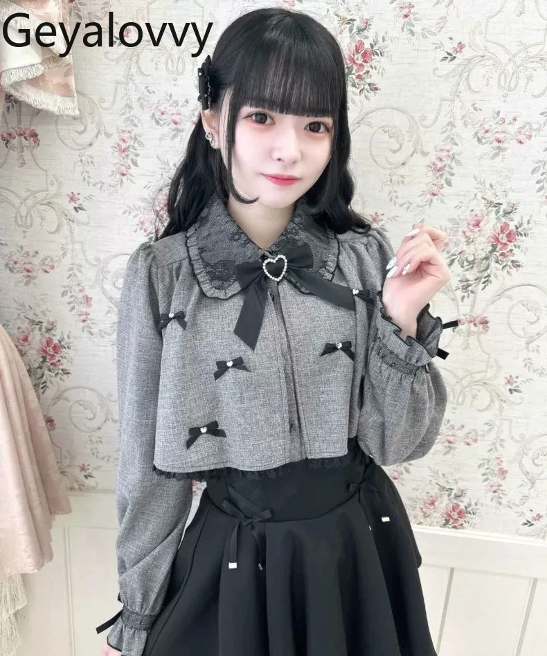 

Japanese Style Mass-Produced New Cute Sweet Short Cape Shawl Spring and Autumn New Bowknot Spliced Solid Color Long Sleeve Shirt