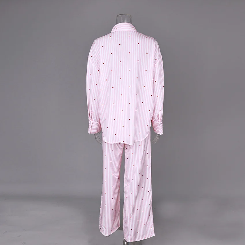 Casual Chic Weibliche Pyjamas Hause Tragen Mode Langarm Shirts Breite Bein Hosen Anzüge Streifen Gedruckt Lange Hosen Sets für Frauen