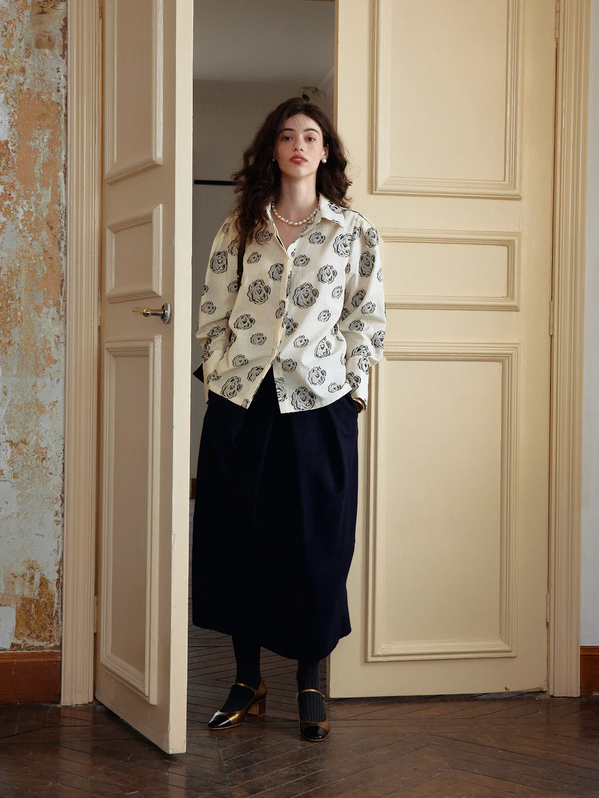 

FrigidOrg Rose Print Collar Long Sve irt Women's Original Design Bubble Sve Regular Length Faionable Girl Feel