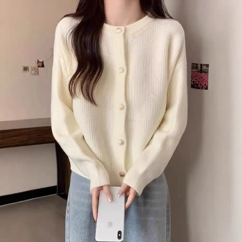 

Candy Color Women's Knitted Cardigan round Neck Single-Breasted Loose Fit Age-Reducing Fresh Style Fashion