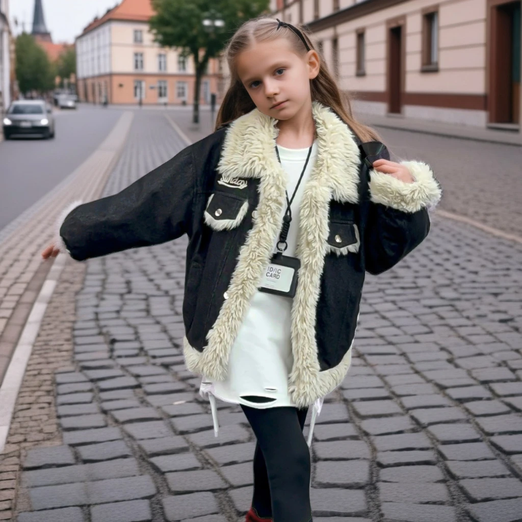 

Winter Kids Denim Jacket Thick Warm Retro Patchwork Lined Fleece Coat for Girls Outdoor Windproof Cotton-padded Outerwear 12 Y