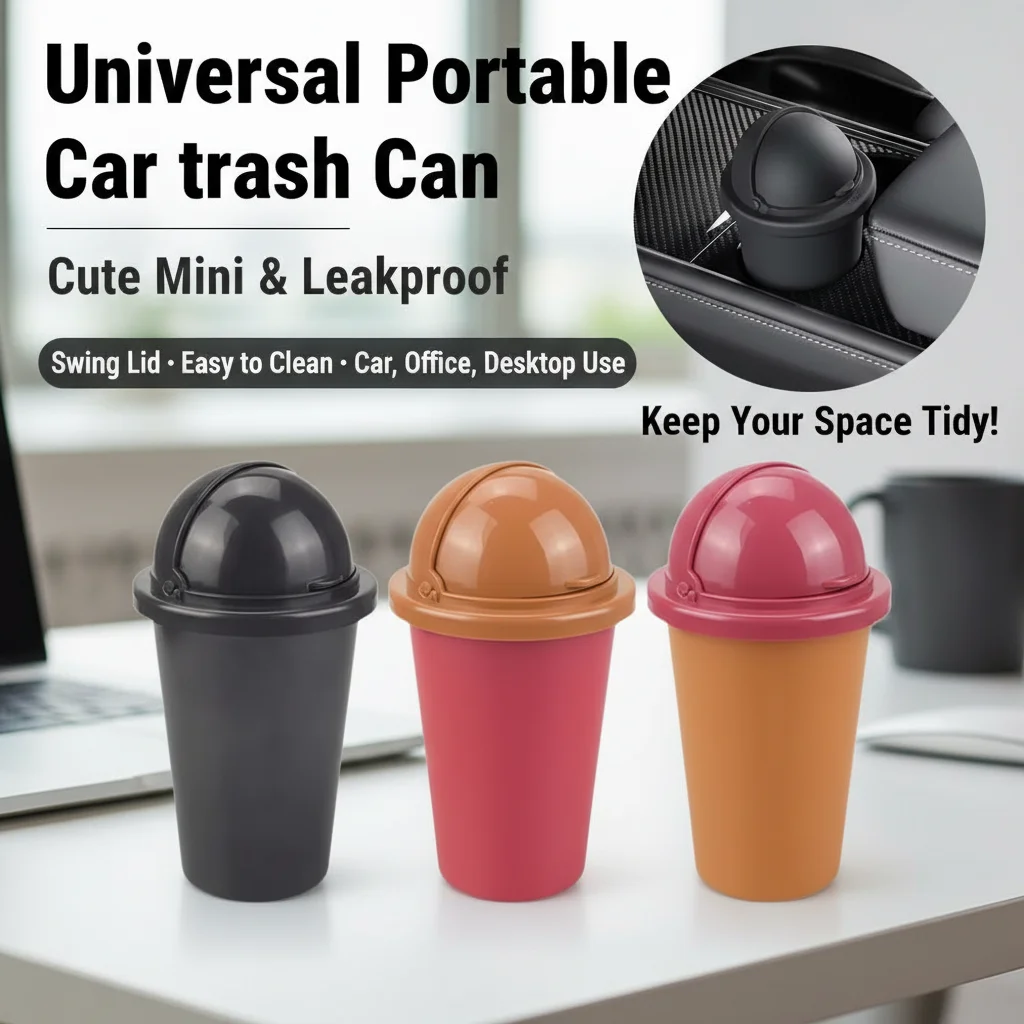 

Cute Mini Portable Car Trash Can Leakproof & Odor-Free Vehicle Garbage Bin with Swing Lid For Car Office Desktop