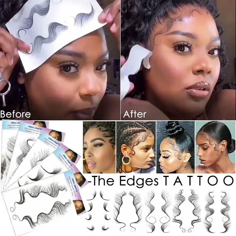 5 Styles Hair Edges Tattoo Sticker Baby Pony Tail  Temporary Template Sleek  Bangs