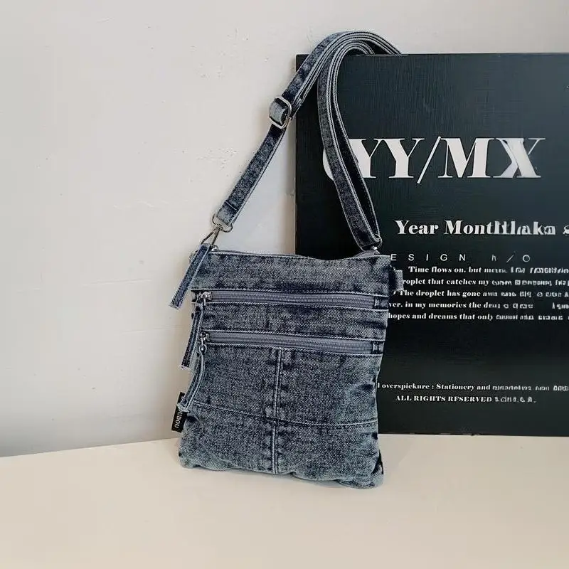 Women Denim Shoulder Bag 3-Layer Large Capacity Adjustable Strap Crossbody Purse for Daily Commute Shopping