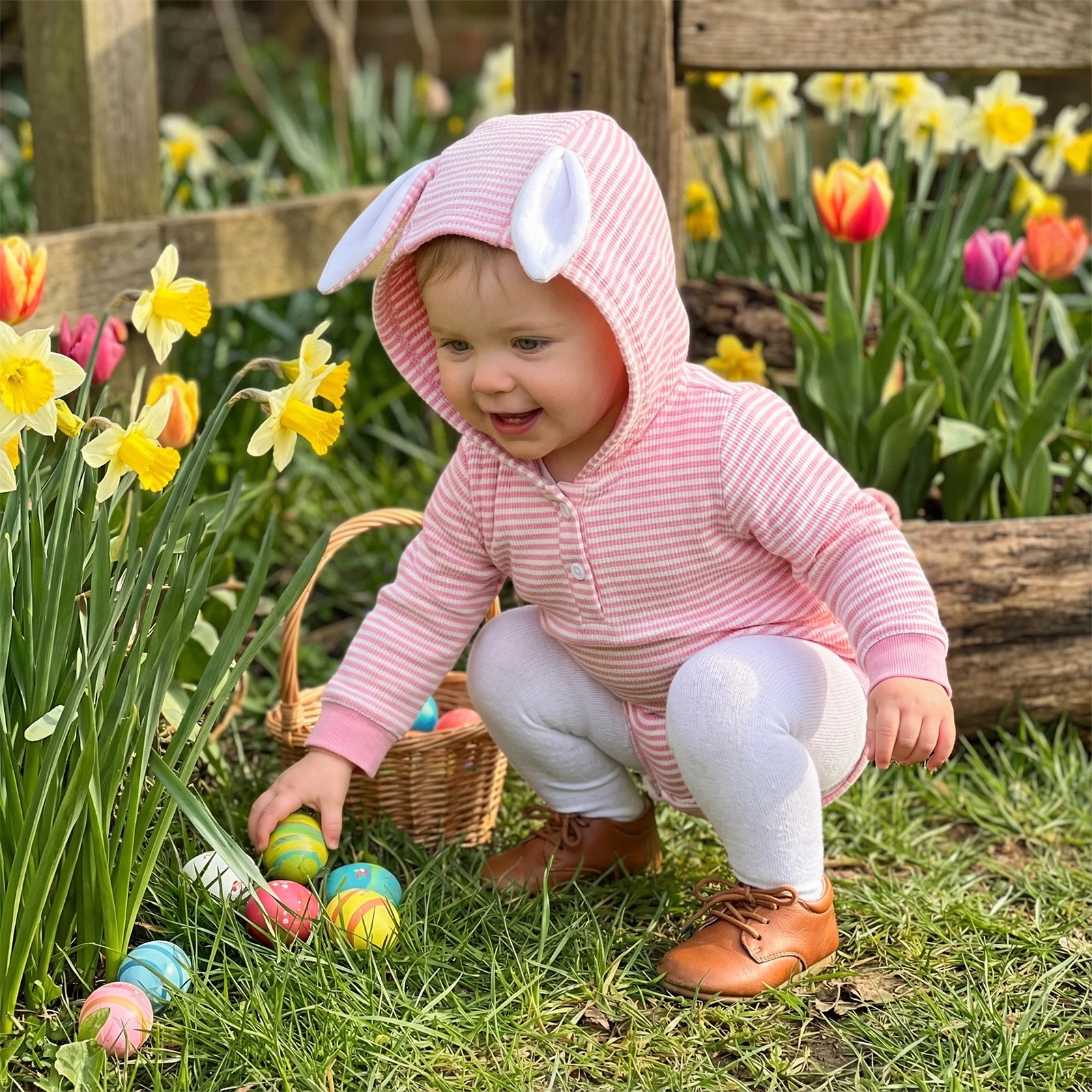 Cute Infant Baby Girl Easter Rompers Long Sleeve Hooded Bunny Ear Decor Striped Print Jumpsuit Costume
