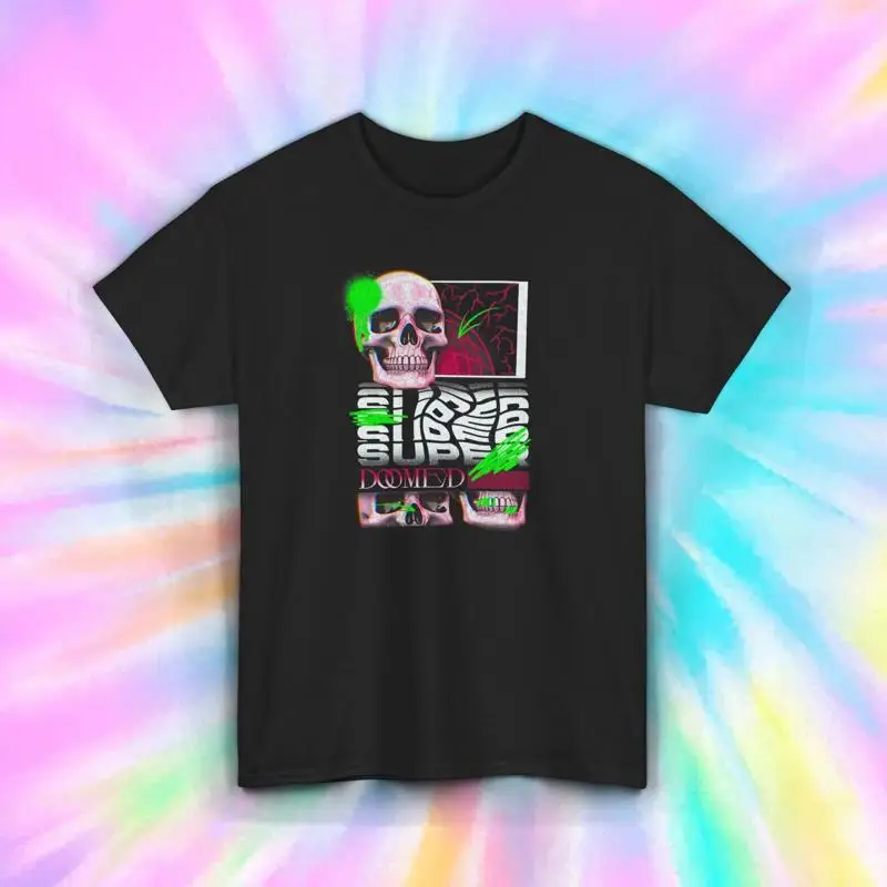 Camiseta Super Doomed con calavera de neón, ropa de calle urbana S 5XL