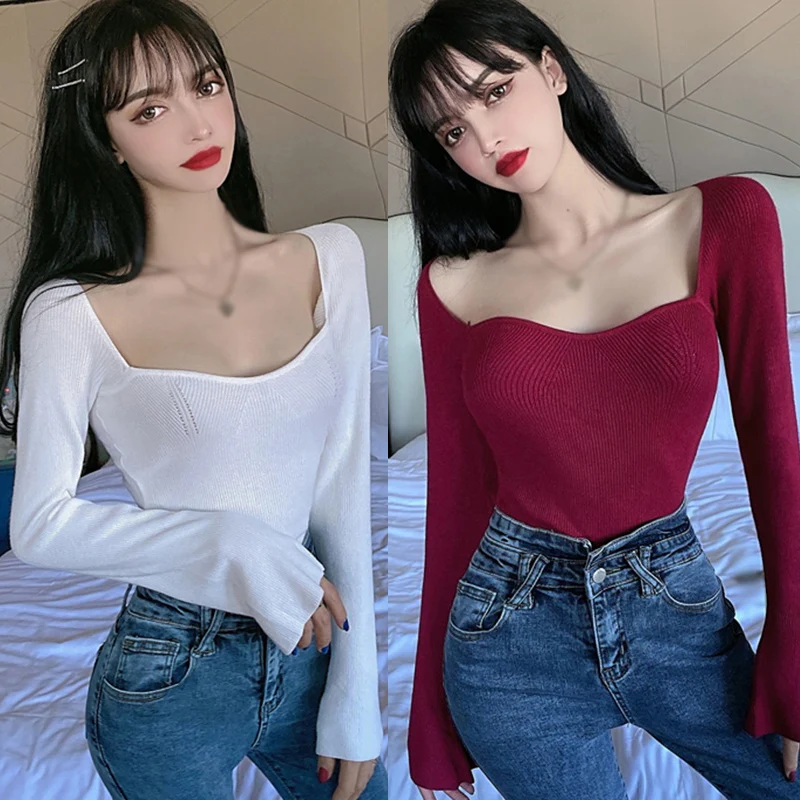 Vintage Sexy Knitted Top For Women Square Collar Collarbone Slim-Fit Long-Sleeved Sweater Lady All-Match Solid Color Base Tops