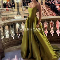 Spaghetti Strap Olive Green Evening Dresses A-line Square Neck Corset Prom Dress Pleat Satin Formal Gown with Pockets Customized