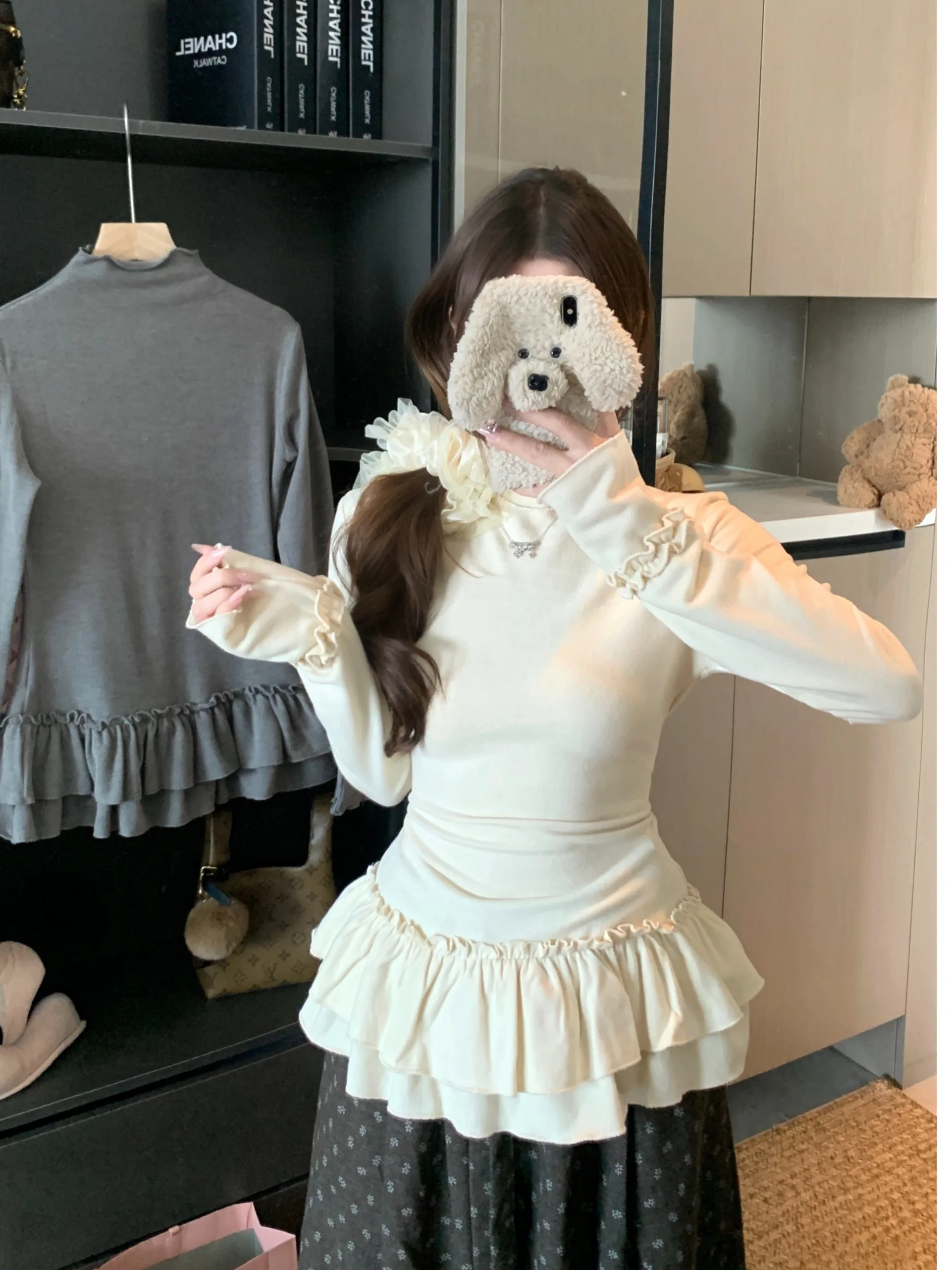 

Женская футболка больших размеров с длинным рукавом, высокой талией, высоким воротником и кружевной отделкой, осенне-зимняя, модная, для повседневной носки, приталенная