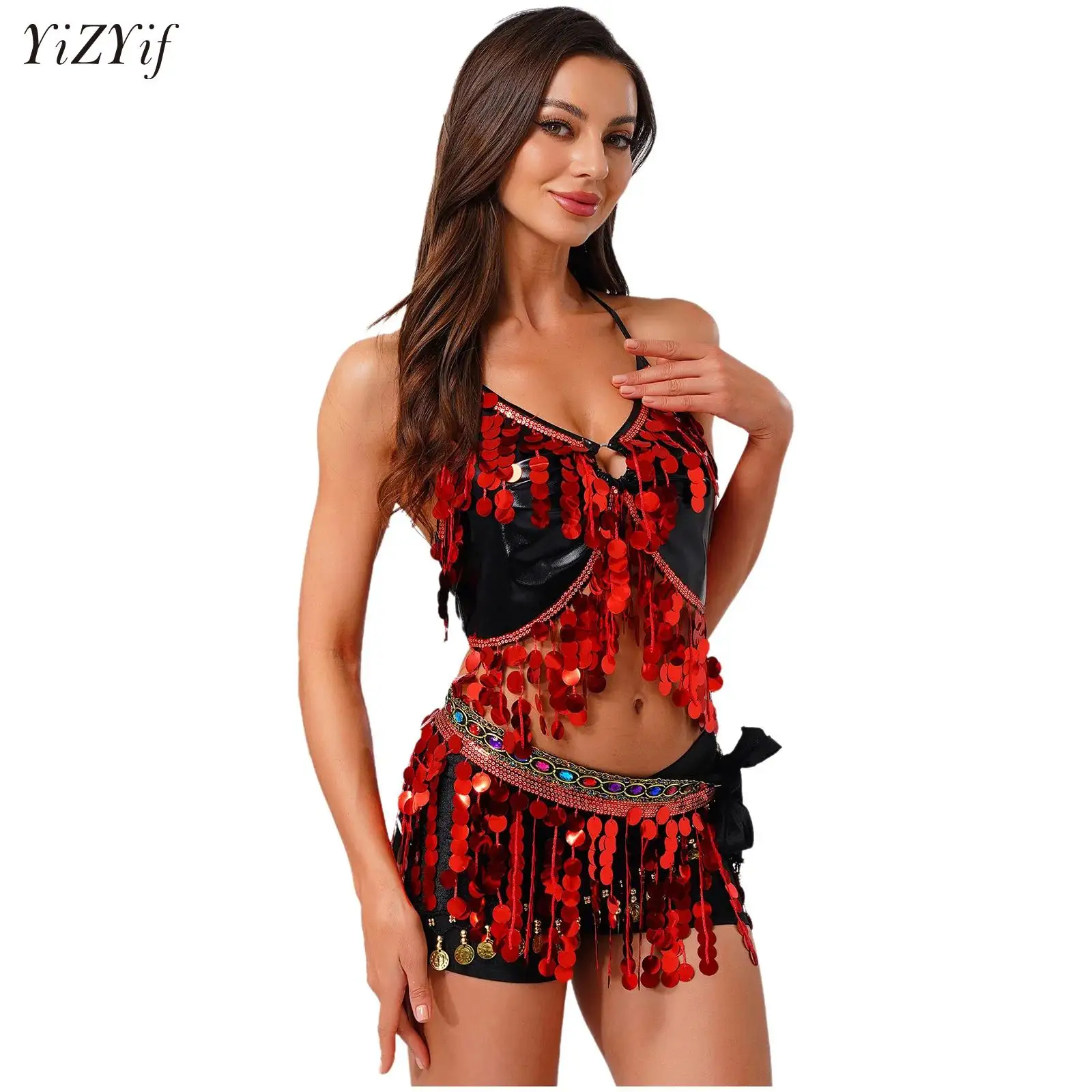 

Belly Dance Performance Costume Set for Women Glitter Tassel Top+ Triangle Hip Scarf Skirt 2pcs Belly Dancing Wear Outfits