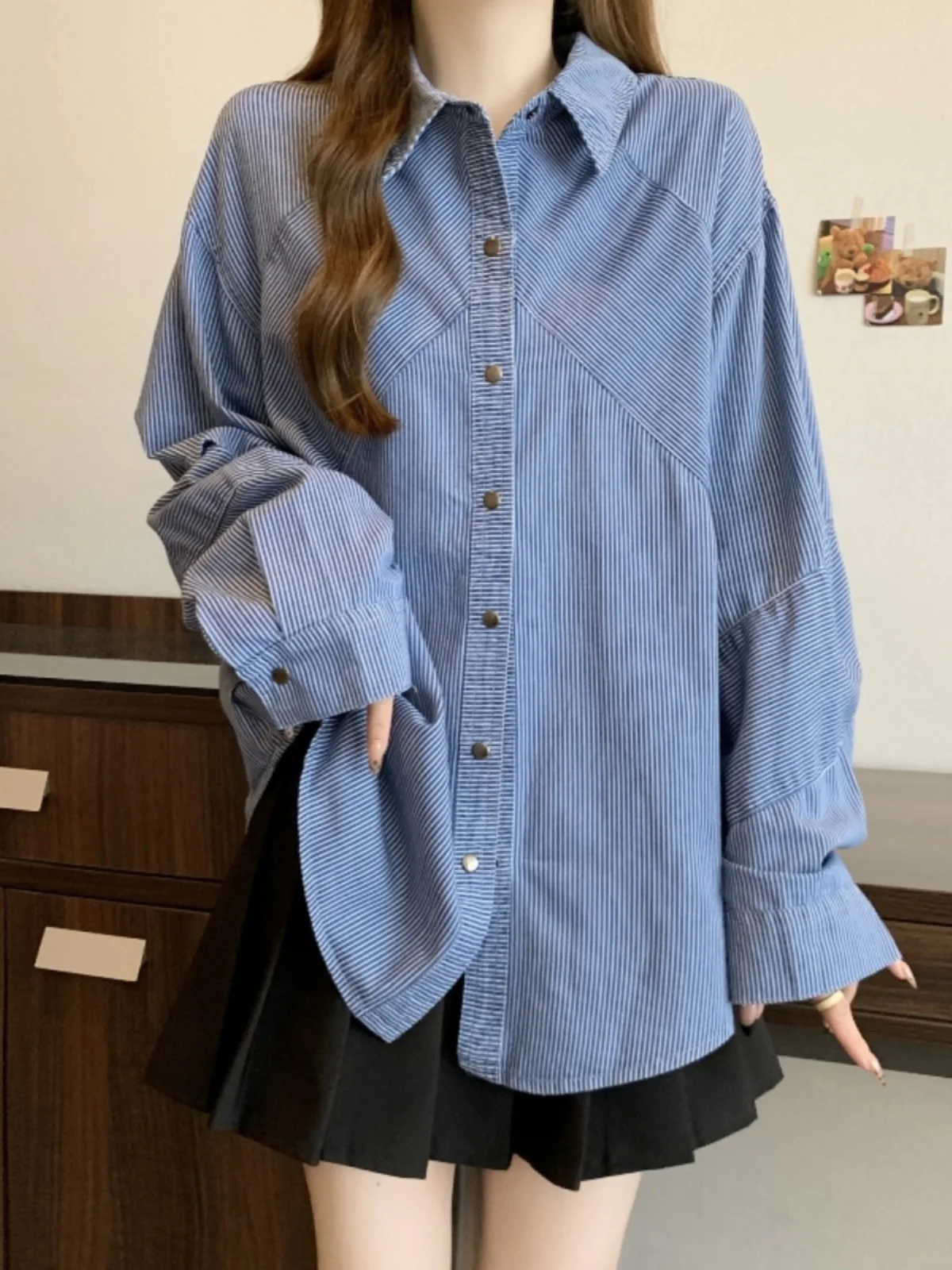 

Loose Long Sleeve Women's Denim Shirt Jacket Blue Stripes Casual Style Spring Autumn plus Size Top Comfortable Outerwear