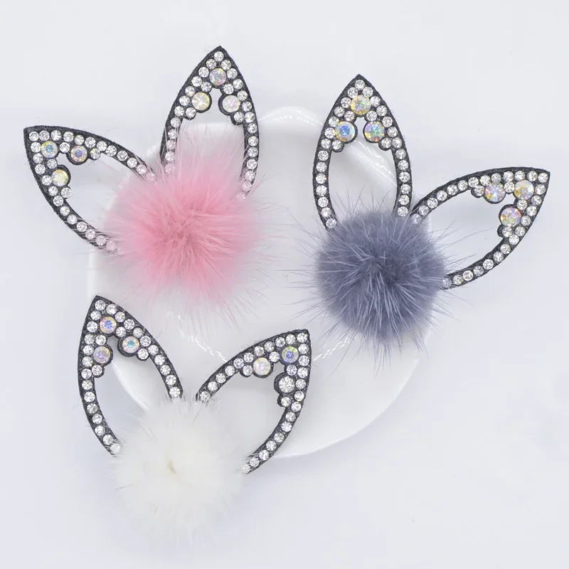 12Pcs Rhinestone Crystal Rabbit Ears with Mink Fur Ball Padded Patches Stick-on Shoes Garment Bags Hair Clips Accessories