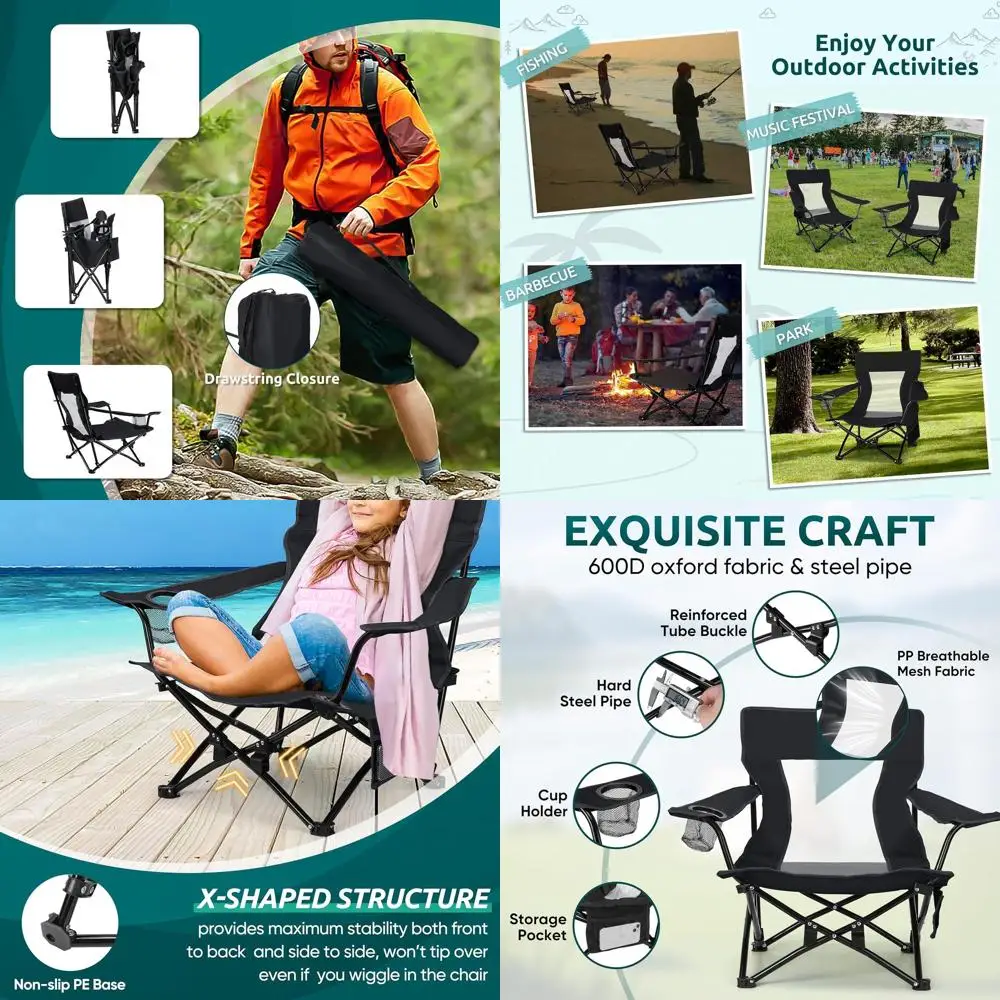 

Пара складных черных пляжных стульев с подстаканниками и сумкой для хранения для кемпинга, рыбалки, пикников и путешествий