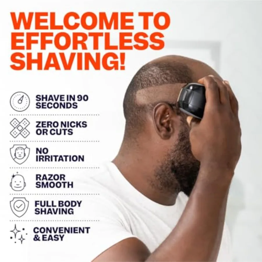 Electric head and body hair shaver for men: stainless steel, black, cordless waterproof design with rotary blades, flex-series