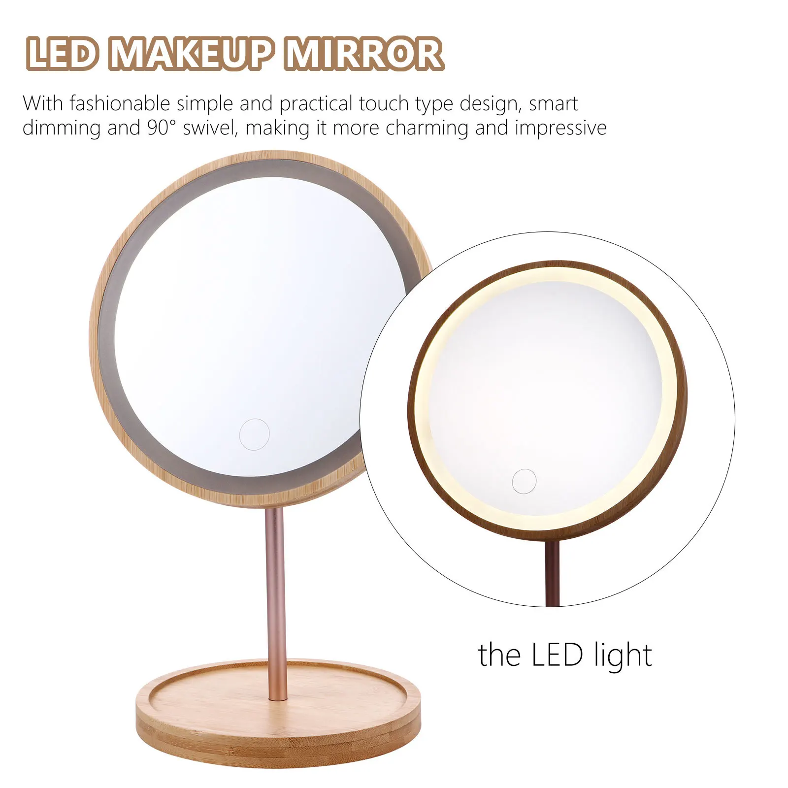 1Pcs Wooden LED Tabletop Vanity Mirror 90 Swivel Clear High Definition Stable Base Chic Gift LED Makeup Mirror